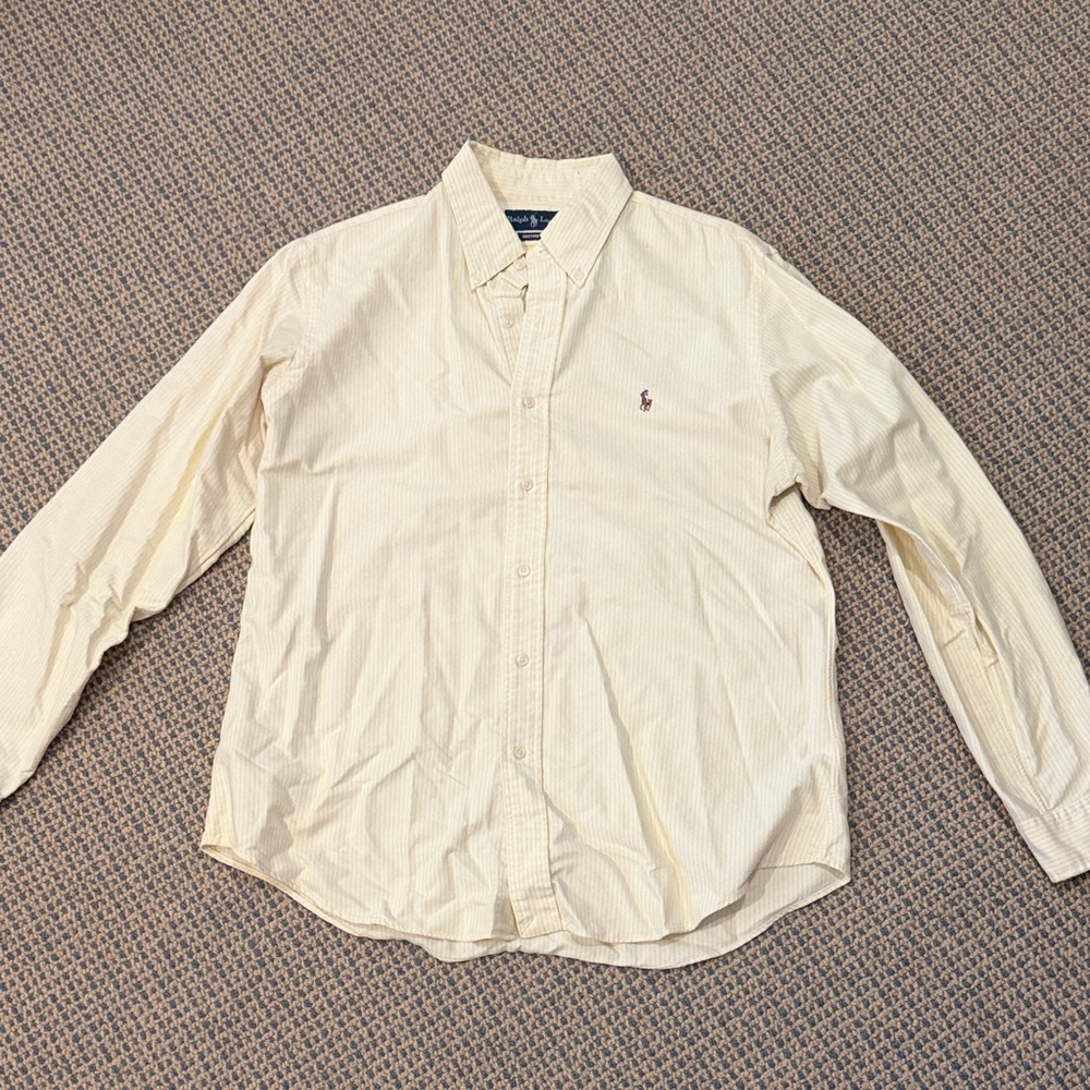 Ralph Lauren Men's Cream Button-Down Shirt with Subtle Stripes